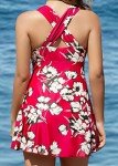 Holidys swimdress crossover one piece a bathing suit printed flower beachwear resistant swims skirt full colour for petite women with pretty gifts,Maroon Floral,3XL/16-18