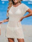 CUPSHE Women Swimsuit Coverup Crochet Bathing Suit Cover Ups Short Sleeve Summer Bikini Beachwear Knit Dress Off-White Small