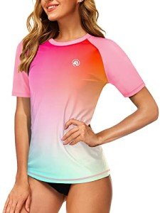 UV Rash Guard for Women Short Sleeve UPF 50+ Gradient Surf Shirts Swimming Beachwear Hiking Top 2XL