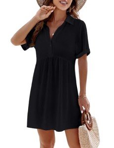 BMJL Women's Swimsuit Cover Up V-Neck Bathing Suit Cover Up Bikini Beachwear Shirt Dress(Black,L)