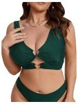 SOLY HUX Women's Plus Size Bikini Tops Heart Ring Swimsuit Cut Out Bathing Suit Tops V Neck Beachwear Solid Dark Green 2XL