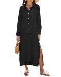Bsubseach Women's Swimwear Cover Ups Long Sleeve Button Shirt Dress Beach Cover Up Kimono Beachwear Black L