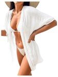 Milumia Women's Swimsuit Coverup Short Sleeve Open Front Kimono Swim Cover Up Beachwear White Medium