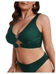 SOLY HUX Women's Plus Size Bikini Tops Heart Ring Swimsuit Cut Out Bathing Suit Tops V Neck Beachwear Solid Dark Green 2XL