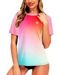UV Rash Guard for Women Short Sleeve UPF 50+ Gradient Surf Shirts Swimming Beachwear Hiking Top 2XL