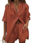 Fixmatti Women's Casual 2 Piece Outfits Half Sleeve Button Down Blouse and Shorts Set Summer Beachwear Rust Red S