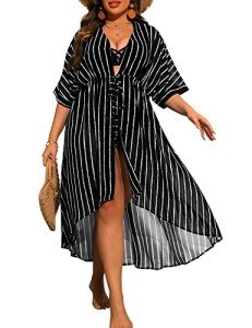 SWOMOG Women Cover Ups Plus Size Swimsuit Chiffon Kimono Long Cardigan Open Front Bathing Suit Summer Flowy Bikini Beachwear Black Stripe