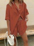 Fixmatti Women's Casual 2 Piece Outfits Half Sleeve Button Down Blouse and Shorts Set Summer Beachwear Rust Red S