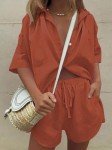 Fixmatti Women's Casual 2 Piece Outfits Half Sleeve Button Down Blouse and Shorts Set Summer Beachwear Rust Red S