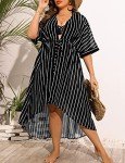 SWOMOG Women Cover Ups Plus Size Swimsuit Chiffon Kimono Long Cardigan Open Front Bathing Suit Summer Flowy Bikini Beachwear Black Stripe