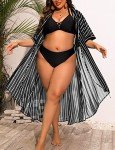 SWOMOG Women Cover Ups Plus Size Swimsuit Chiffon Kimono Long Cardigan Open Front Bathing Suit Summer Flowy Bikini Beachwear Black Stripe