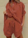 Fixmatti Women's Casual 2 Piece Outfits Half Sleeve Button Down Blouse and Shorts Set Summer Beachwear Rust Red S