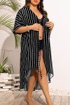SWOMOG Women Cover Ups Plus Size Swimsuit Chiffon Kimono Long Cardigan Open Front Bathing Suit Summer Flowy Bikini Beachwear Black Stripe