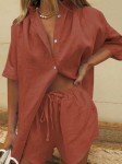 Fixmatti Women's Casual 2 Piece Outfits Half Sleeve Button Down Blouse and Shorts Set Summer Beachwear Rust Red S