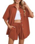 Fixmatti Women's Casual 2 Piece Outfits Half Sleeve Button Down Blouse and Shorts Set Summer Beachwear Rust Red S
