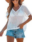 CUPSHE Women's Crochet V-Neck Cover-Up Top Sheer Mini Beachwear White