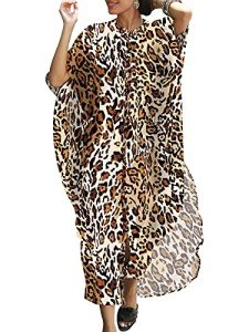 Chunoy Womens Loose Lightweight Summer Kaftan Cheetah Print Button Down Long Beachwear Caftan Cover Up Maxi Dress Leopard