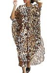 Chunoy Womens Loose Lightweight Summer Kaftan Cheetah Print Button Down Long Beachwear Caftan Cover Up Maxi Dress Leopard