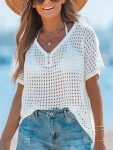 CUPSHE Women's Crochet V-Neck Cover-Up Top Sheer Mini Beachwear White
