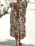 Chunoy Womens Loose Lightweight Summer Kaftan Cheetah Print Button Down Long Beachwear Caftan Cover Up Maxi Dress Leopard