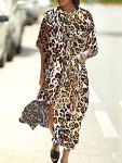 Chunoy Womens Loose Lightweight Summer Kaftan Cheetah Print Button Down Long Beachwear Caftan Cover Up Maxi Dress Leopard