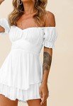 Fixmatti Women Bare Shoulder Casual Jumpsuit Solid Short Sleeve Waist Tie Knot Shorts Romper Playsuit Beachwear White XL