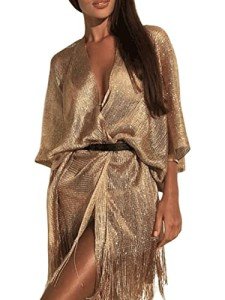 Rubruan Womens Beach Gold Cover Up Tassel Split Shawl Summer Beachwear Cardigan