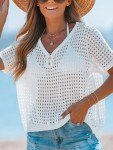 CUPSHE Women's Crochet V-Neck Cover-Up Top Sheer Mini Beachwear White