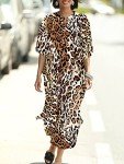 Chunoy Womens Loose Lightweight Summer Kaftan Cheetah Print Button Down Long Beachwear Caftan Cover Up Maxi Dress Leopard