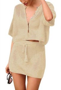 Pink Queen Women's Crochet Cover Ups Set Short Sleeve V Neck Hollow Out 2 Piece Swimsuit Coverup Summer Knit Beachwear Apricot M