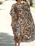 Chunoy Womens Loose Lightweight Summer Kaftan Cheetah Print Button Down Long Beachwear Caftan Cover Up Maxi Dress Leopard