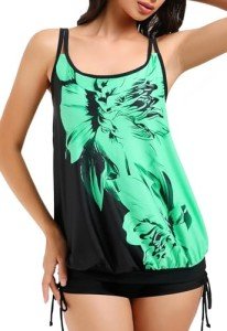 Hanna Nikole Swimsuit for Women 2024 Blouson Tankini Swimsuit Two Piece Beachwear for Summer Green Flowers X-Large