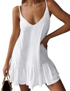 OLYCN Women Summer Spaghetti Strap Bathing Suit Cover Ups V Neck Sleeveless Swimsuit Coverups Casual Loose Beachwear White