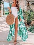Bsubseach Women Casual Chiffon Beachwear Kimono Cardigan Green Leaf Print Bikini Cover Up Half Sleeve Swimwear Cover Ups