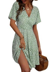 Light Green Floral Wrap V Neck Dress for Women