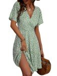 Light Green Floral Wrap V Neck Dress for Women