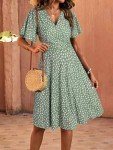 Light Green Floral Wrap V Neck Dress for Women