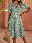 Light Green Floral Wrap V Neck Dress for Women