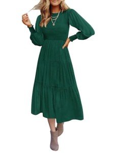 ZESICA Women's Long Sleeve Tiered Midi Dress - Dark Green