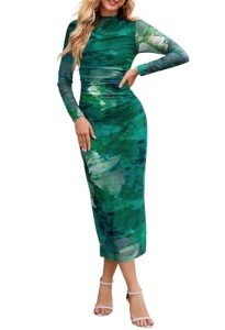 MEROKEETY Women's Green Long Sleeve Tie Dye Dress