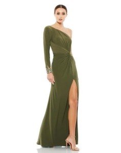 Olive One Sleeve Beaded Gown by Mac Duggal