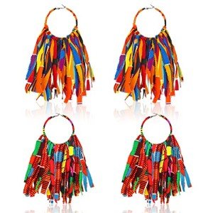 African Fabric Tassel Hoop Earrings Set for Women