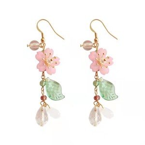 Pink Flower Dangle Earrings with Cherry Blossoms