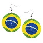 Brazil Flag Round Leather Earrings for Soccer Fans