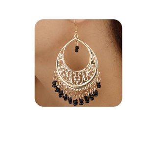 Boho Black Tassel Dangle Hoop Earrings for Women
