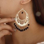 Boho Black Tassel Dangle Hoop Earrings for Women