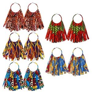 African Fabric Tassel Hoop Earrings for Women