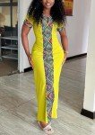 LROSEY Women's Yellow African Print Maxi Dress