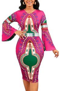 Elegant V Neck Afrocentric Bodycon Midi Dress