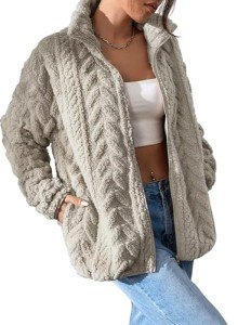 Oversized Khaki Fleece Zip-Up Jacket for Women